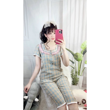 Đồ bộ lửng ngố mặc nhà mẫu kẻ chất đũi hàn mát đồ ngủ xinh