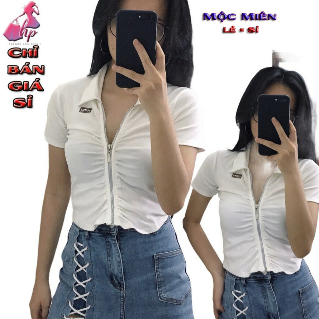 Áo thun nữ kiểu dáng croptop ôm body cổ bẻ polo dây kéo cực dễ thương mẫu mới thời trang nữ 2021 | BigBuy360 - bigbuy360.vn
