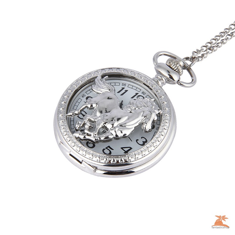 #Đồng hồ bỏ túi# Fashion Silver Horse Hollow Quartz Pocket Watch Chain Pendant Necklace for Women Men Gifts