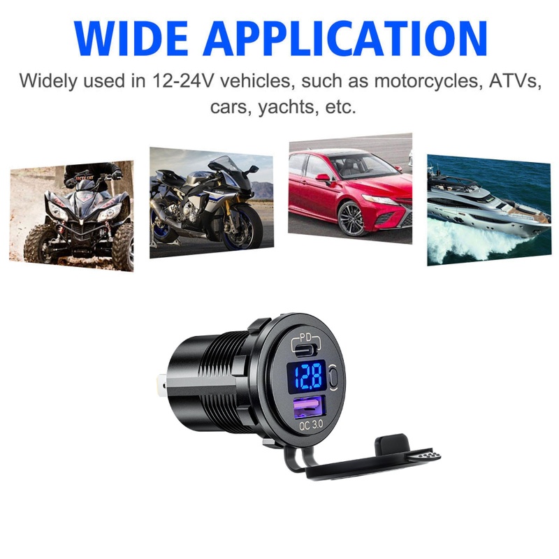 Bộ sạc nhanh 12V 24V USB Type C PD QC3.0 có công tắc vôn kế tiện dụng cho xe hơi xe tải/xe máy