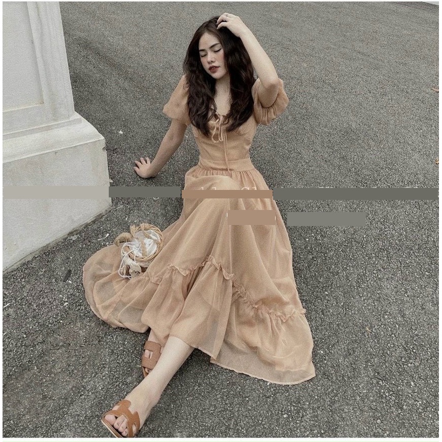 Đầm Maxi Nâu Tây 💖DEMISS💖 Váy Maxi Nâu Tây Viền Bèo Tay Phồng Dạo Phố Đi Biển - V-NÂU-26