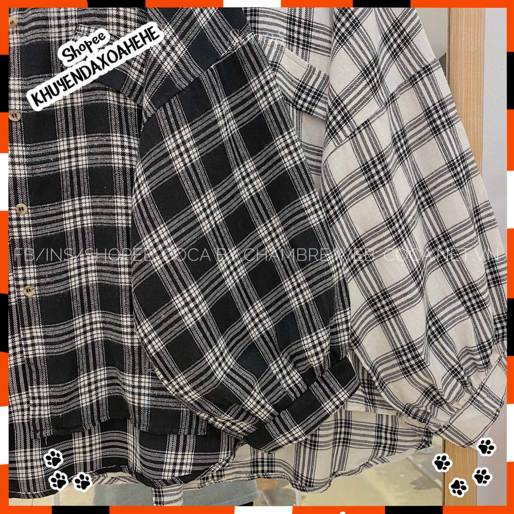 A026 Áo sơ mi kẻ caro tay bồng oversize nam nữ Áo chống nắng khoác ngoài đen trắng unisex dáng rộng hè thu dài tay phồng