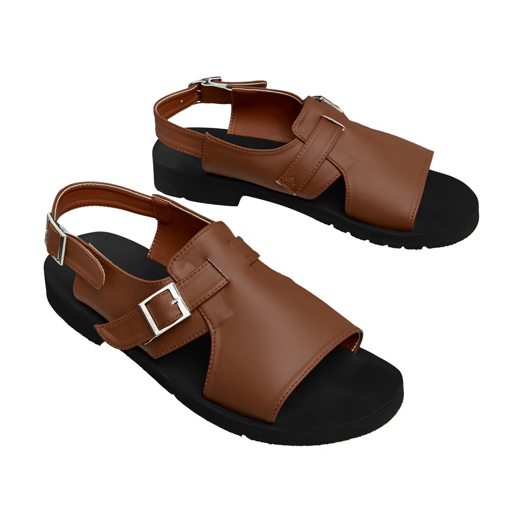 KSOUL Giày Da Đế Cao Su K Strap Saffiano Sandals Màu Nâu Da Saffiano Đế Cao Su