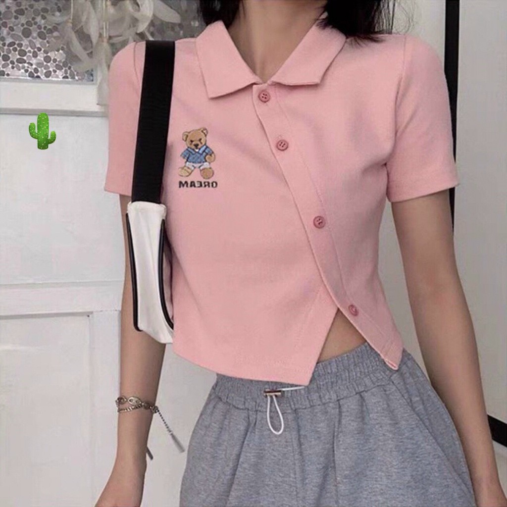 Áo thun polo cài cúc xéo thêu chú Gấu DREAM dễ thương TTPK0053