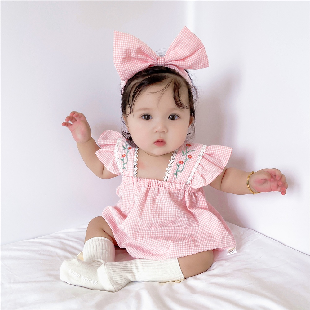 Bộ áo liền quần hai dây thêu họa tiết hoa hồng + băng đô dành cho bé gái sơ sinh