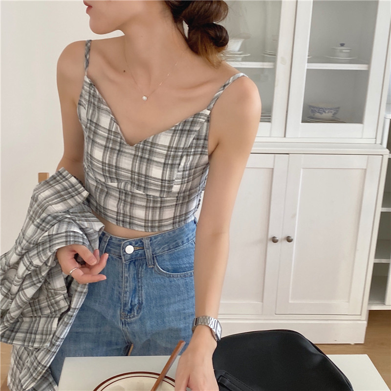 Bộ Áo Croptop Ca Rô Dài Tay + Áo Khoác Croptop Dài Tay Xinh Xắn Dành Cho Nữ 36795