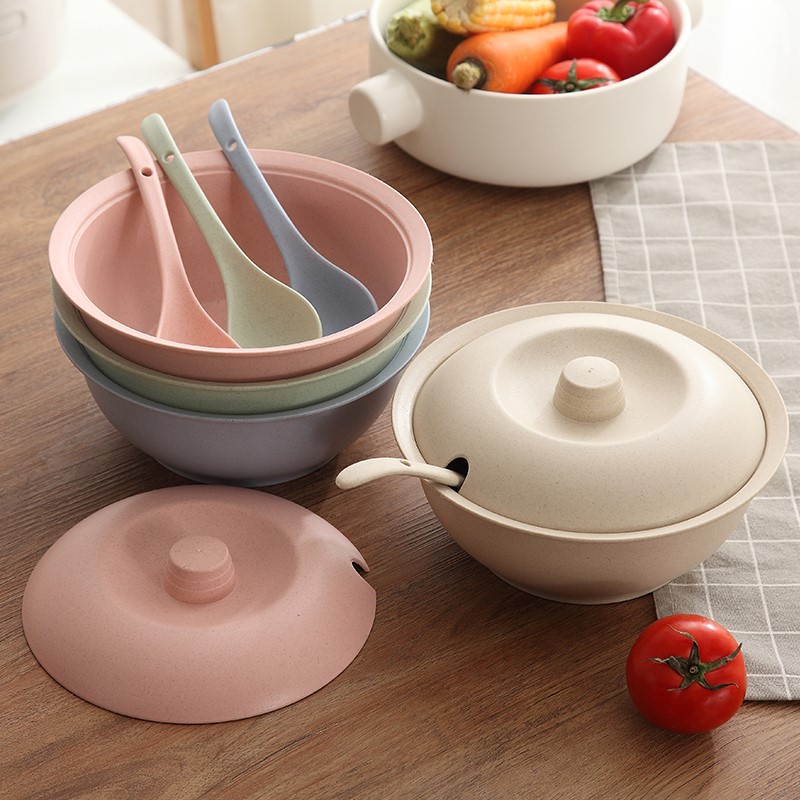 Bộ Tô Có Nắp Và Muỗng Bằng Lúa Mạch Chống Trầy Xước Tiện Lợi Cho Gia Đình
