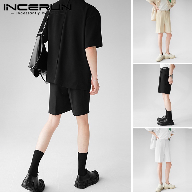 Set đồ INCERUN gồm áo khoác blazer ngắn tay + quần short dáng rộng thời trang cho nam