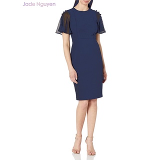 Đầm midi tay áo cài nút màu navy - N4