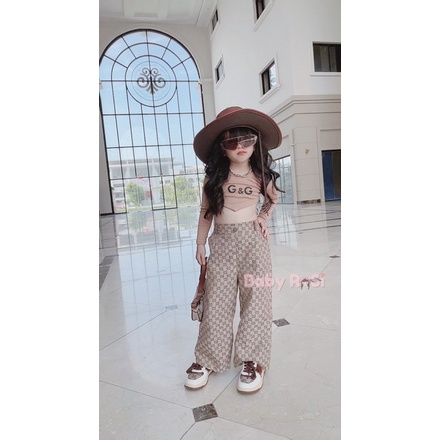 Sét áo yếm tay đai kèm quần ống rộng GG cho bé gái