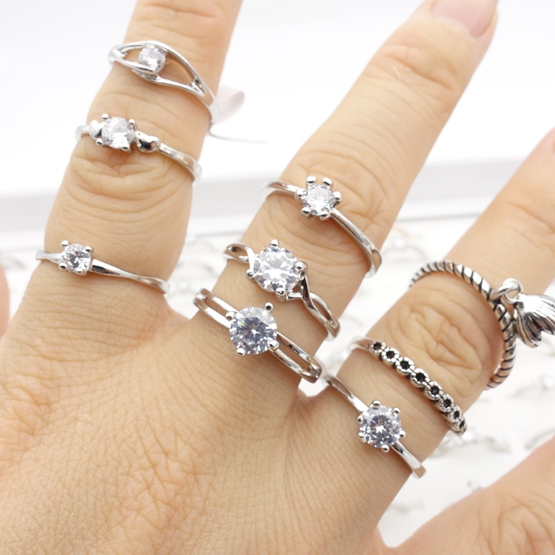Set 10 Nhẫn Đính Đá Zircon Lấp Lánh Phong Cách Lãng Mạn Thời Trang Cho Nữ