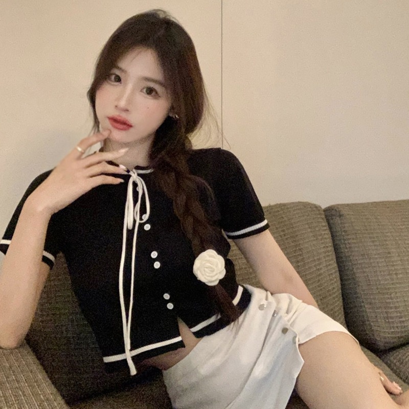 Áo Thun Baby Tee Nữ Tay Ngắn Áo Croptop Áo Phông Dệt Kim Tay Ngắn Cổ Tròn Đính Nơ Phong Cách Hàn Quốc Thời Trang Mùa Hè Cho Nữ