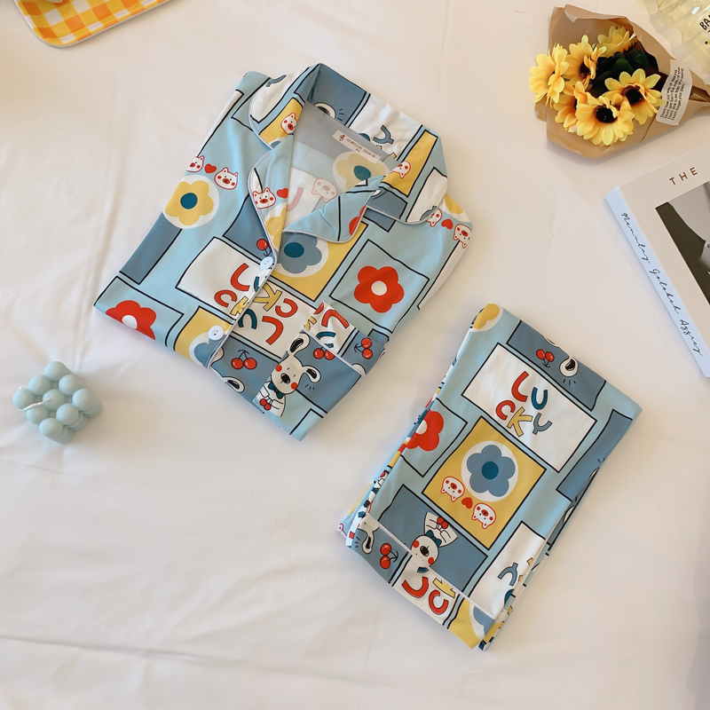 Bộ Đồ Ngủ Tay Dài Vải Cotton In Họa Tiết Hoa Phong Cách Hàn Quốc Xinh Xắn Cho Nữ