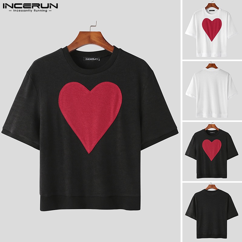 Áo thun INCERUN cổ tròn ngắn tay in hình trái tim phong cách vintage cho nam