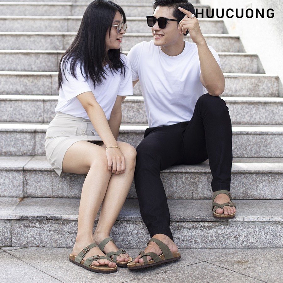 Dép unisex  Huucuong xỏ ngón da bò rêu