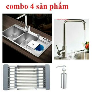 ComboChậu inox 304 1048 cao cấp chậu xã và rổ bình xà bông vòi
