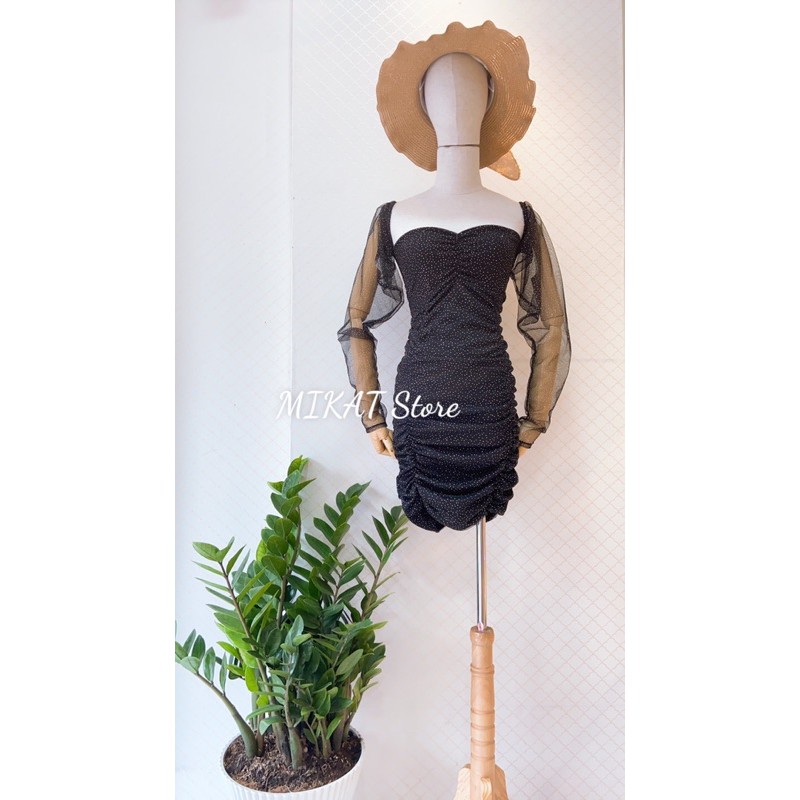 Đầm body nhún ren tay lưới