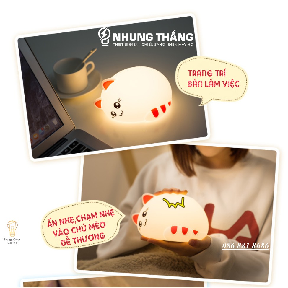 Đèn Ngủ Hình Chú Mèo Xinh Xắn Dễ Thương WH-A03 - Thay Đổi Màu Sắc Tùy Thích - Silicon Mềm Mại Siêu Bền - Pin Sạc