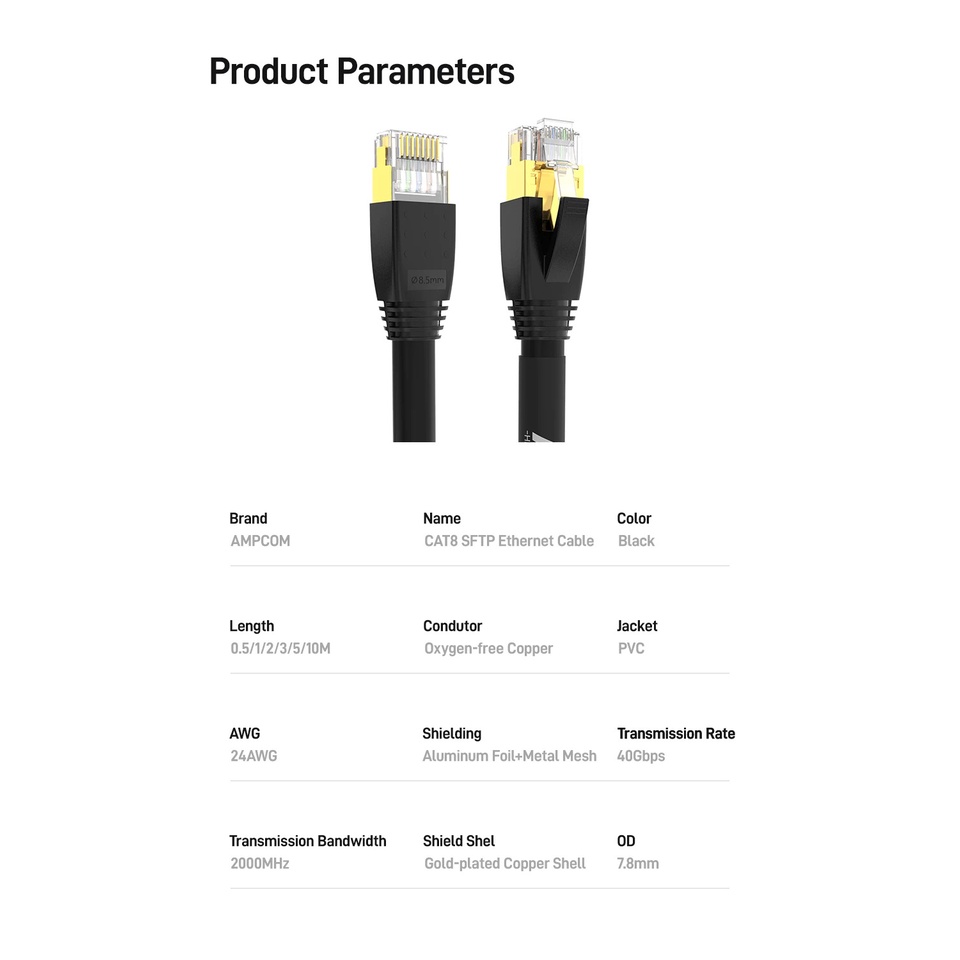 Dây cáp mạng Cat8 đúc sẵn 2 đầu cao cấp AMPCOM hỗ trợ 40Gbps, băng thông 2000Mhz dài 1m - 5m