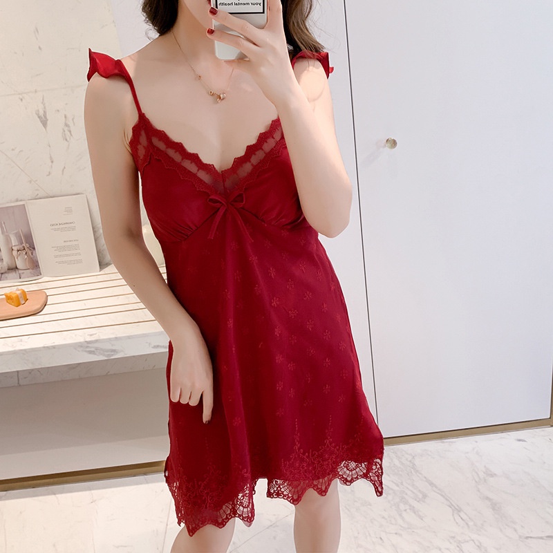 Đầm Ngủ Lụa Phối Ren Có Mút Đệm Ngực Thời Trang Mùa Hè Quyến Rũ Cho Nữ