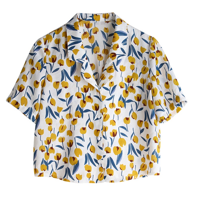 Áo Sơ Mi Nữ Ngắn Tay In Họa Tiết Hoa tulip Phong Cách retro