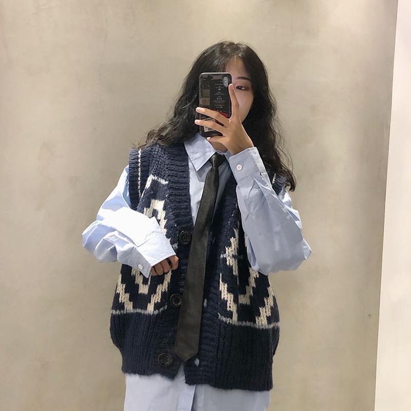 Set Áo Sơ Mi Tay Dài + Áo Khoác Len Không Tay Cổ Chữ V Thời Trang Cho Nữ