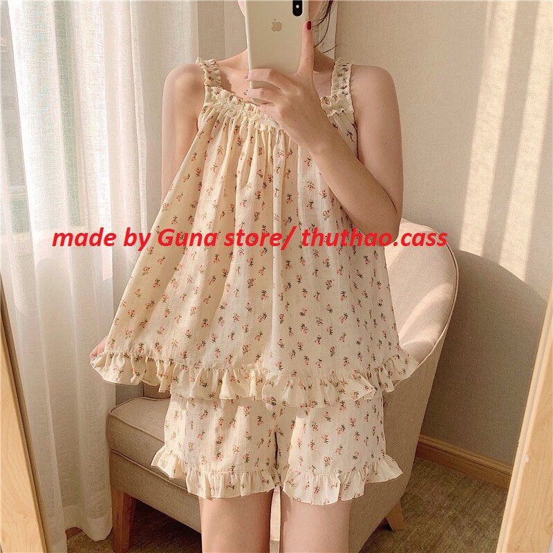 (Size M,L) Bộ Ngủ Hai Dây Họa Tiết Dễ Thương- Vải Đũi Mềm Siêu Mát.