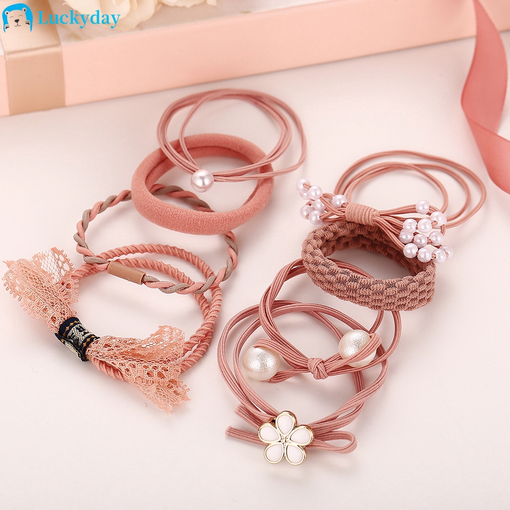 Set 8 dây buộc tóc trang trí hình hoa đính hạt ngọc trai thời trang giản dị cho nữ