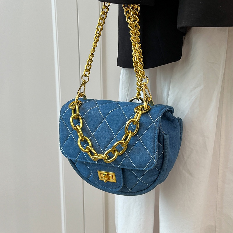 Túi Đeo Chéo Vải denim Phối Dây Xích Phong Cách Hàn Quốc Thời Trang Dành Cho Nữ