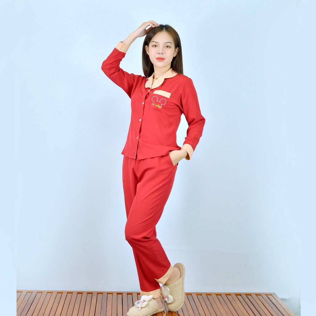 Bộ đồ bộ Pijama màu ĐỎ PHA SỮA tay dài quần dài lụa cao cấp - Thoải Mái Nhẹ Nhàng