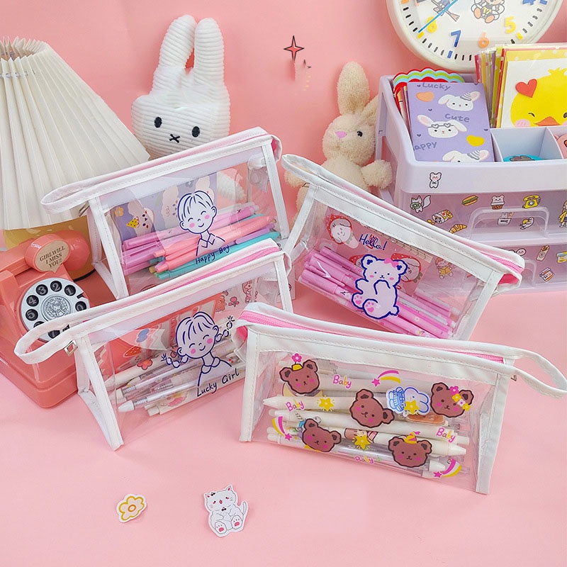 Túi Đựng Bút/Đồ Trang Điểm Bằng PVC Phủ Lông Nhung Dung Tích Lớn Có Khóa Kéo Tiện Dụng