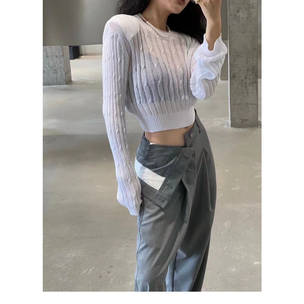 Cocory vn Áo Croptop Dệt Kim Tay Dài Thiết Kế Hợp Thời Trang
