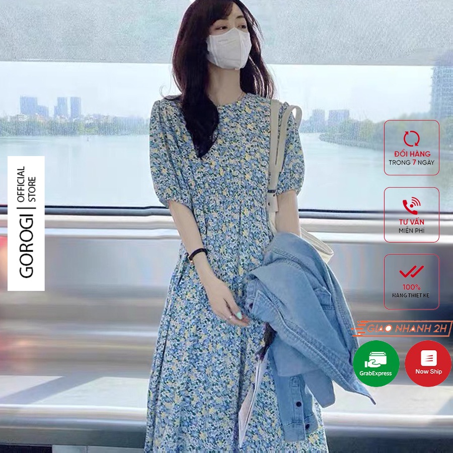 Váy hoa nhí dáng dài dự tiệc xinh bigsize nữ bánh bèo Gorogi, đầm hoa nhí dài dự tiệc tay phồng ulzzang | BigBuy360 - bigbuy360.vn