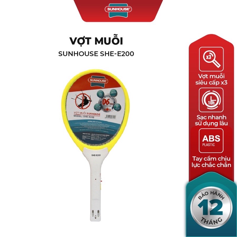 Vợt Muỗi Sunhouse SHE-E200 Màu Vàng,Hàng Công Ty Bảo Hành 12 Tháng