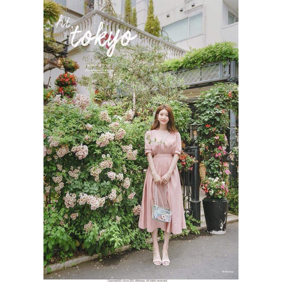 D001 - Đầm maxi hồng nhún eo kèm nơ