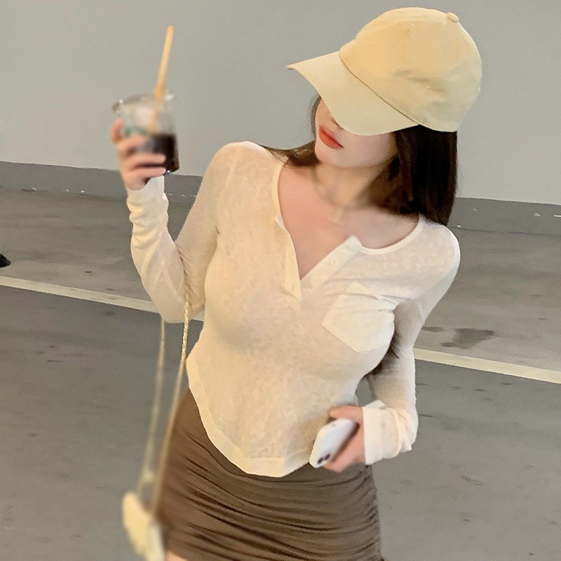 Áo Thun Tay Dài Dáng Ôm Vải Mỏng Thời Trang Mùa Hè Cho Nữ