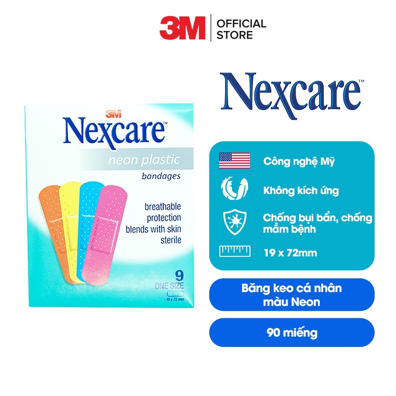 Băng keo cá nhân Nexcare 3M 19x72mm 90 miếng - Màu neon tươi sáng, keo y tế siêu dính, co dãn NEONS9