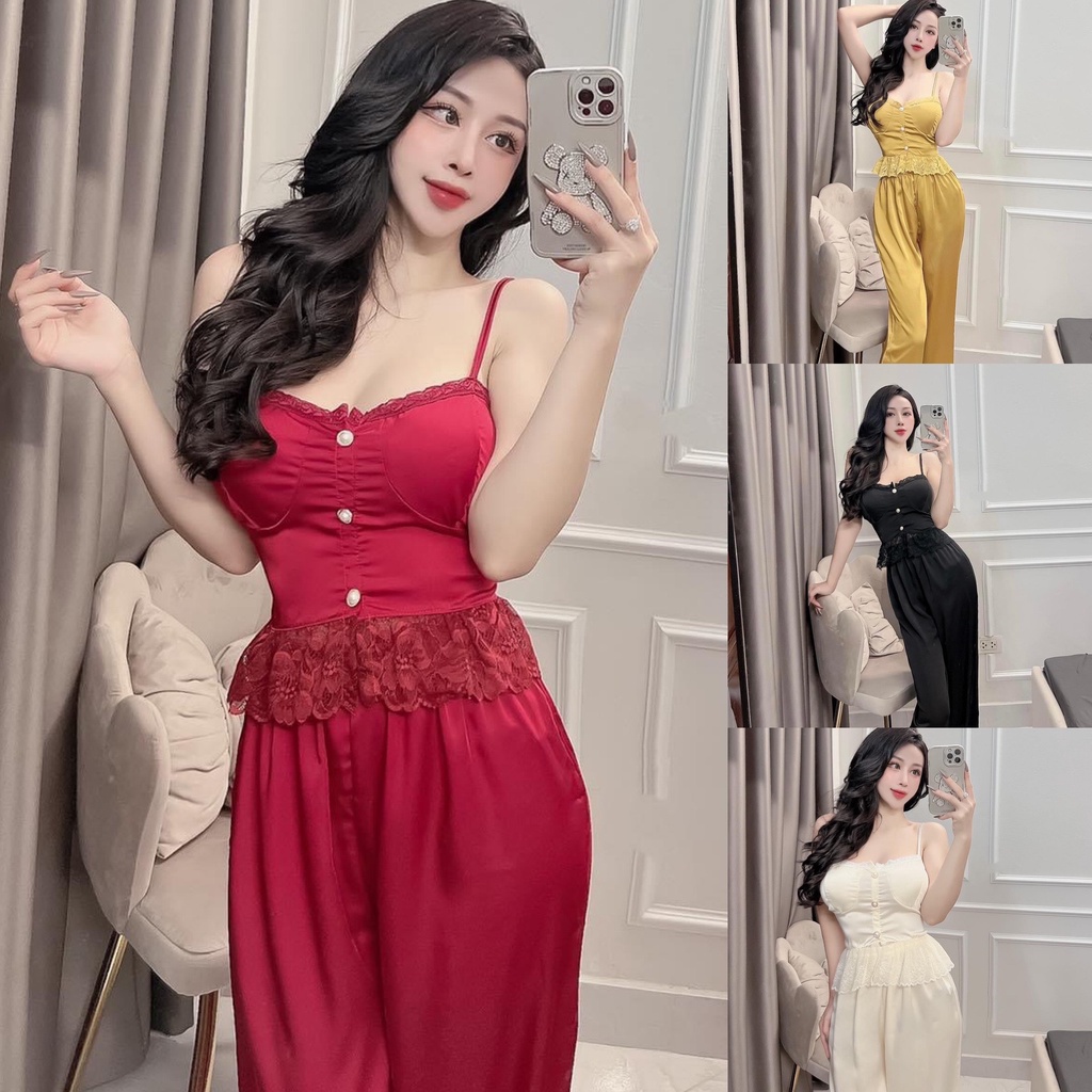 Đồ bộ nữ, đồ ngủ lụa satin, áo cúp ngực có mút, chất liệu lụa mềm mịn, xưởng may đo thiết kế