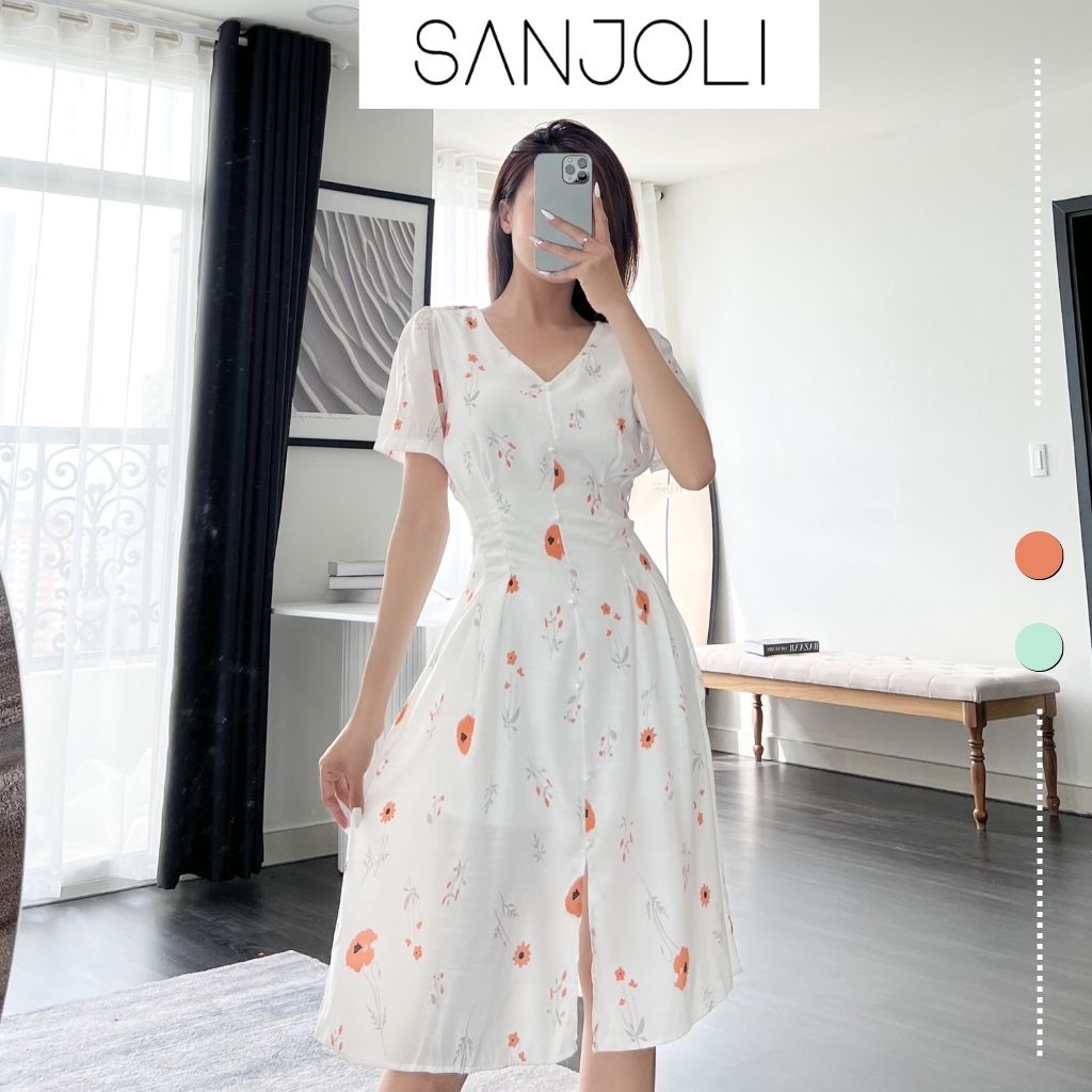 Váy Hoa Nhí Dáng Dài SANJOLI Đầm Tết Dự Tiệc Công Sở Maxi Xòe Vải Voan Thiết Kế Hàn Quốc Tiểu Thư Sang Trọng VD047