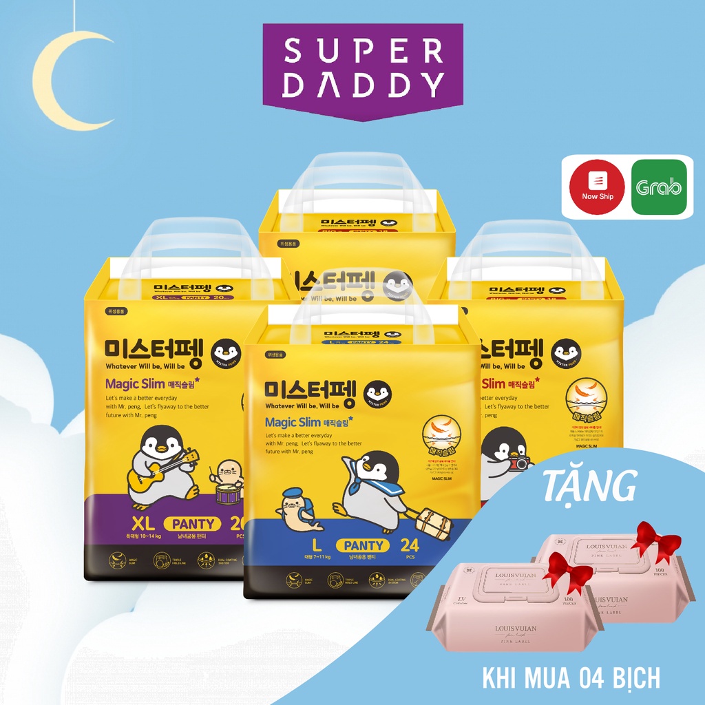 [Combo 04 bịch] Bỉm Tã quần SUPER DADDY Magic Slim cao cấp Hàn Quốc Full Size L24 XL20 BigSize18
