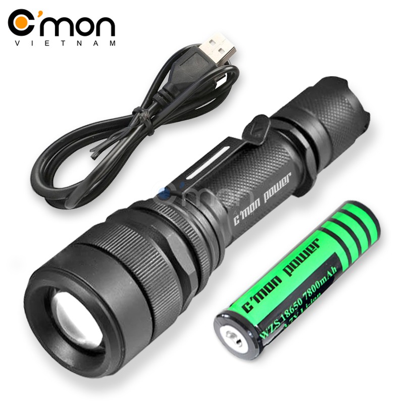 Bộ 1 đèn pin siêu sáng C'mon Power RANGER XML-L2 LED 10W + 1 pin + 1 sạc USB (xanh lá)