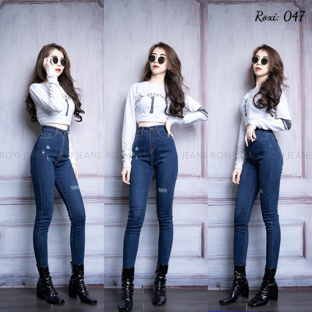 Quần Dài Nữ Lưng Cao, Quần Jean Dáng Ôm Cuốn Lai Rách Nhẹ