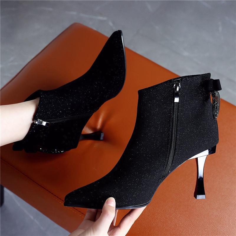 Giày Bốt Cao Gót Mũi Nhọn Đính Nơ Sequin Lấp Lánh Thời Trang Thu Đông Mới Cho Nữ