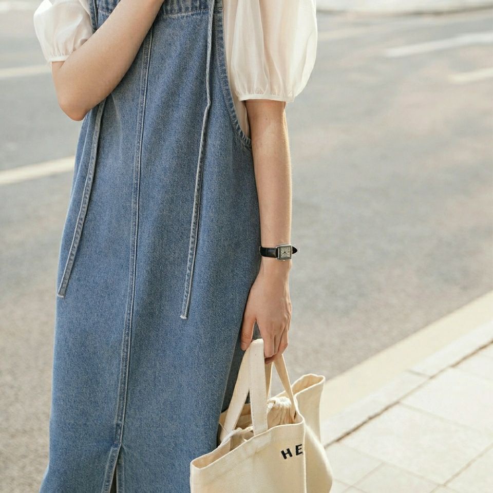[LININ] Đầm Yếm Denim Dài Qua Gối Không Tay Dáng Rộng Phong Cách Hàn Quốc Mới
