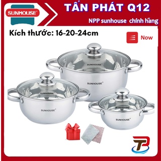 Bộ 3 nồi inox 3 đáy sunhouse Sh334 hoặc SH333 DÙNG ĐƯỢC BẾP TỪ (Tặng 1 khăn lau)