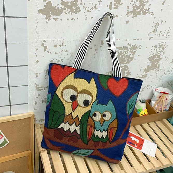 Túi Tote Đeo Chéo Thêu Chim Dễ Thương Phong Cách Ullzzang - Túi Vải Canvas Thời Trang Đeo Vai GN11