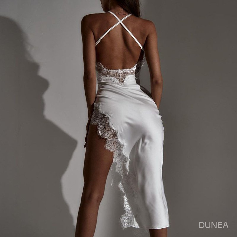 DUNEA Đầm Ôm Body Phối Ren Hoa Thiết Kế Bất Đối Xứng Thời Trang