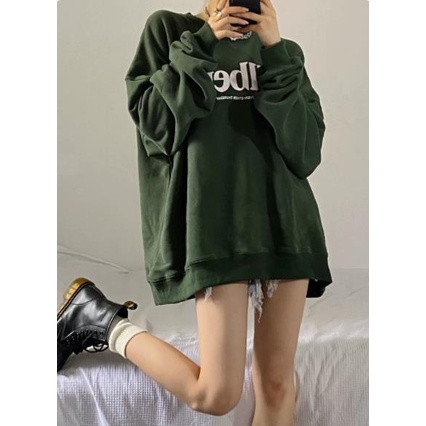 Áo Khoác Nỉ oversize Màu Xanh Lá Đậm Phong Cách Đường Phố Hàn Quốc Cho Nữ