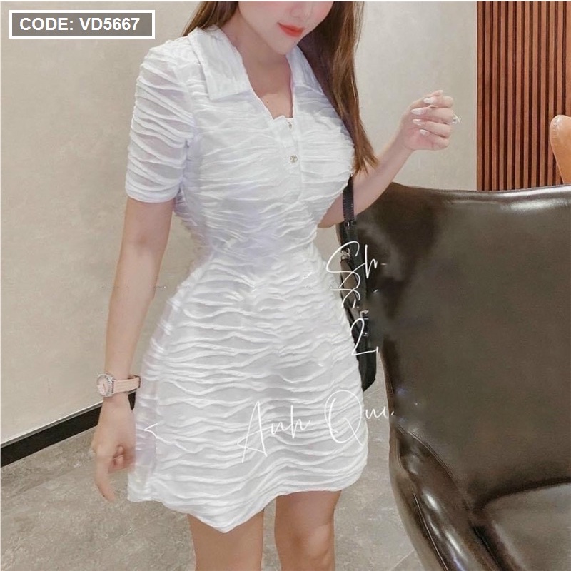 Đầm thun trắng phối nút tay ngắn cổ bẻ Hàng cao cấp