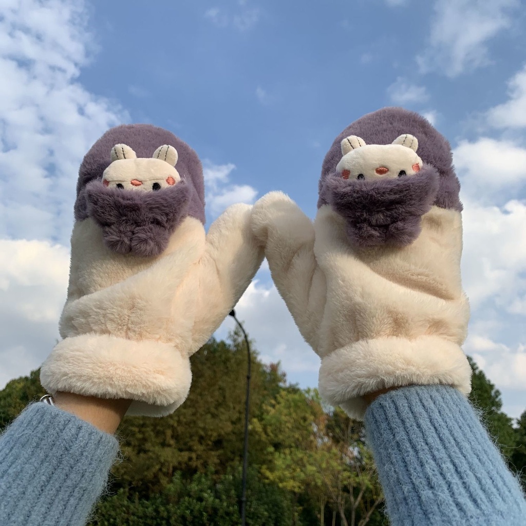 Găng Tay Lông Xù Dày Dặn Ấm Áp Họa Tiết Hoạt Hình Dễ Thương Phong Cách Hàn Quốc Cho Nữ